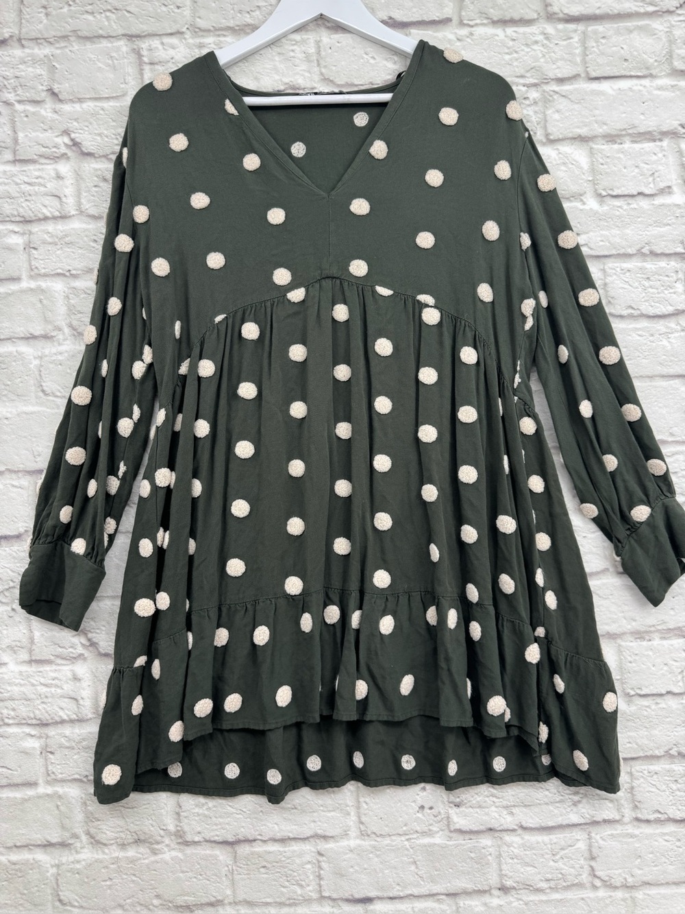 Zara Women XL Olive Green Polka Dot Pom Pom Tiered Mini Dress Boho Cottagecore